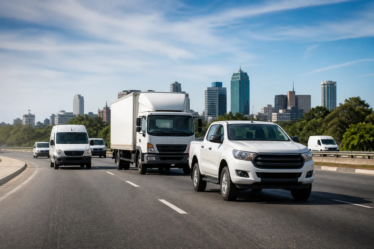 A mixed commercial fleet travelling on a city road in Harare