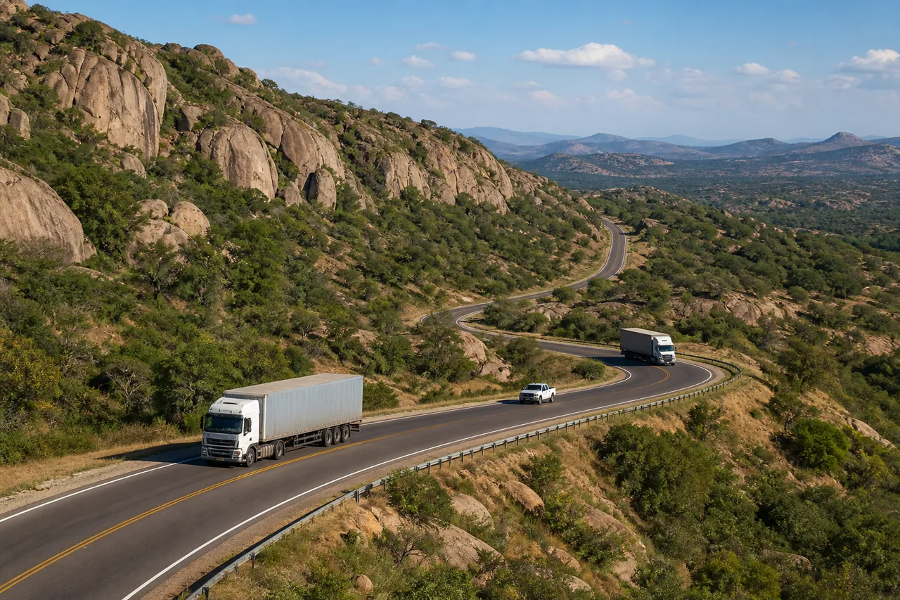 Commercial vehicles travelling through Zimbabwean granite hill country
